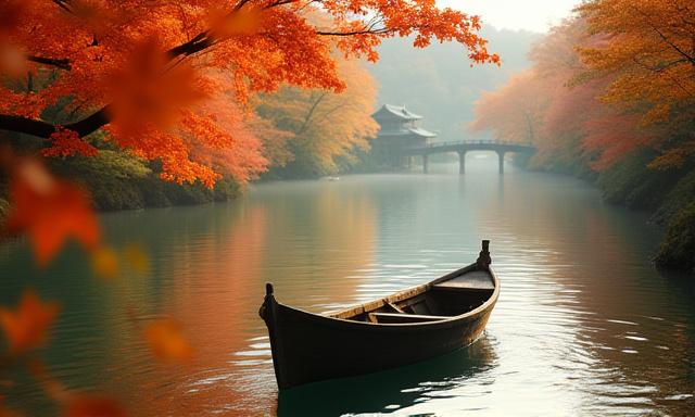 A traditional wooden boat on the Uji River with autumn foliage.
